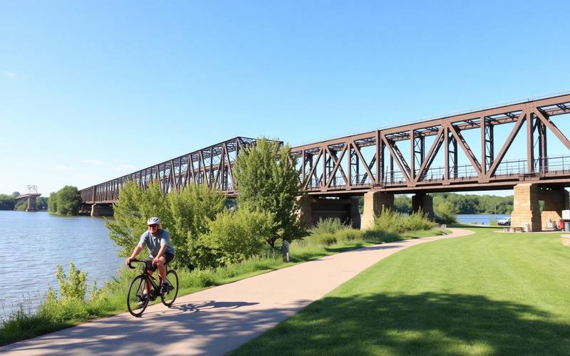 Rider on the riverfront trail beneath a steel railroad bridge